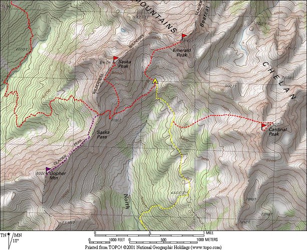 To reach Emerald, we just needed to head up to the ridge above Emerald basin, 
and then follow the wide ridge crest east to the base of Emerald.